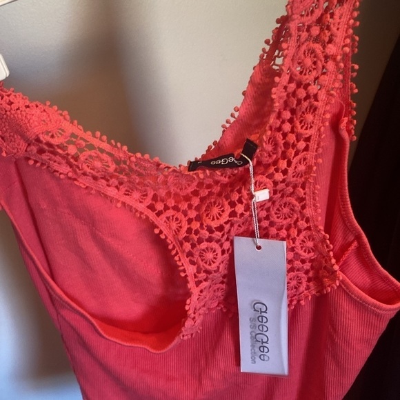 Coral color Tank style top with intricate embroidery all around the neck - Picture 5 of 7